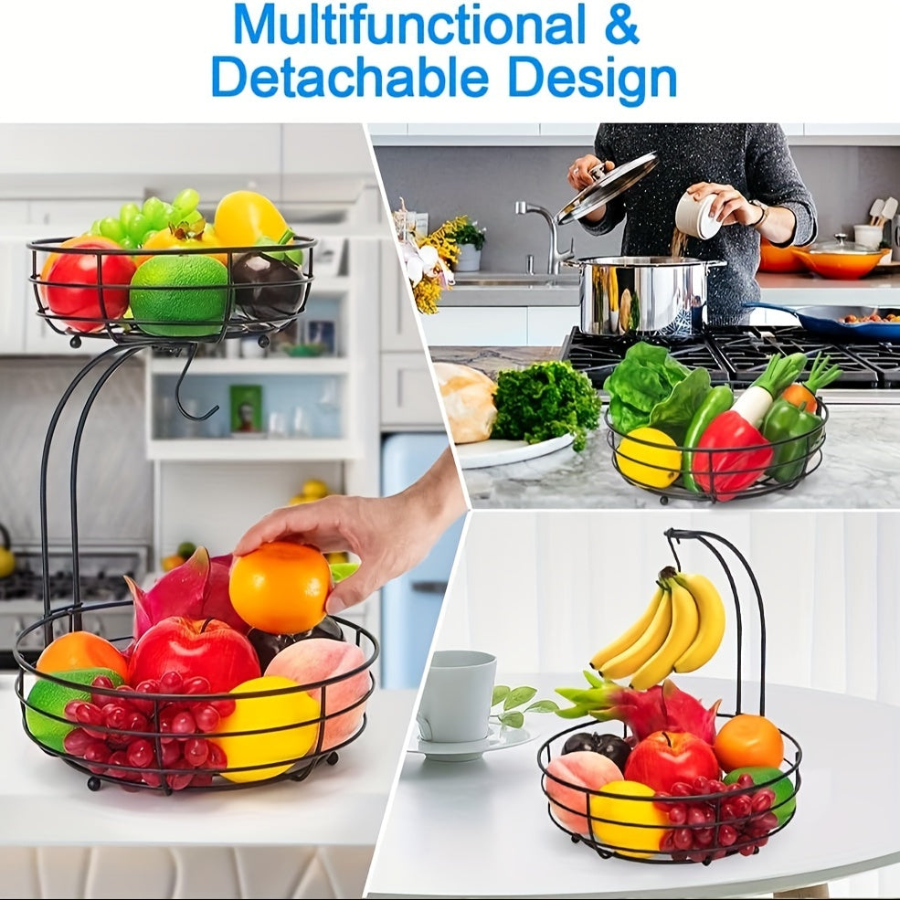 Maliben | 2-Layer Oval Fruit Basket With Banana Holder – Metal Kitchen Organizer
