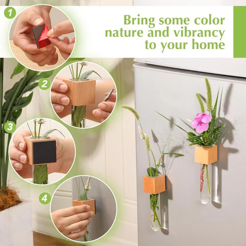 Maliben | Magnetic Mini Vase – Wood & Glass Wall-Mount Decor For Flowers & Cuttings