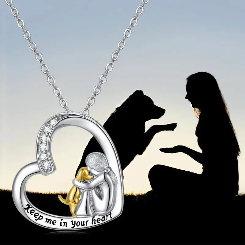 Maliben | Silverheart | Silver Necklace With Heart Dog And Zirconia Stone