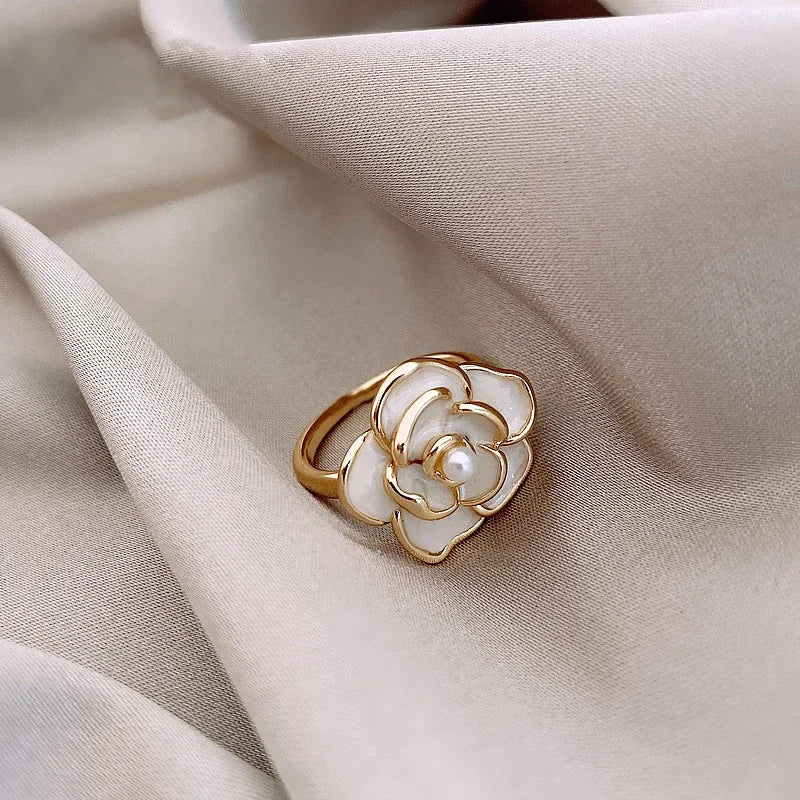 Maliben | Dainty Blanc Camellia Floral Necklace, Earrings, Ring Jewelry