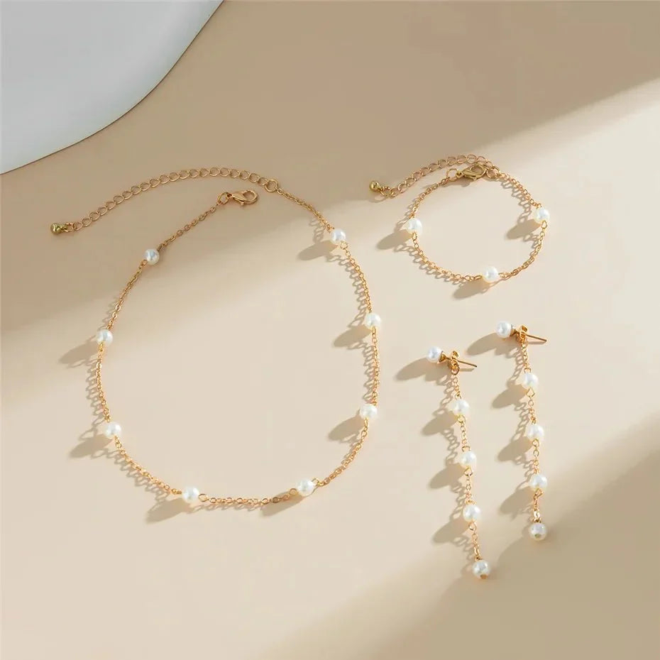 Maliben | Dainty Chain Pearl Bracelet, Necklace, And Earring Set