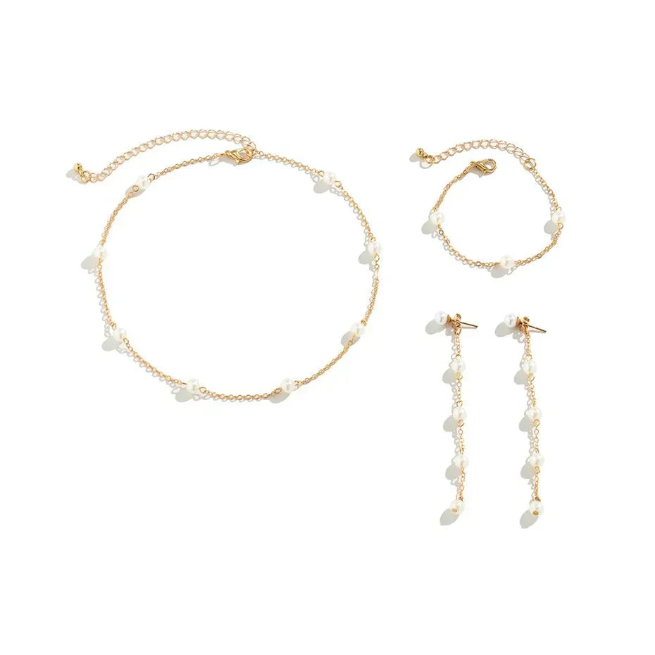 Maliben | Dainty Chain Pearl Bracelet, Necklace, And Earring Set