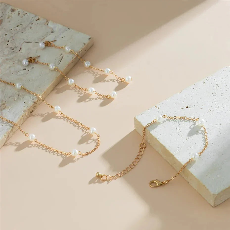 Maliben | Dainty Chain Pearl Bracelet, Necklace, And Earring Set