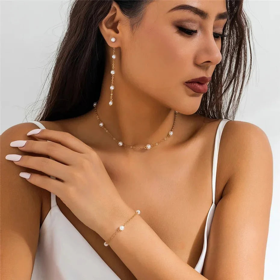 Maliben | Dainty Chain Pearl Bracelet, Necklace, And Earring Set