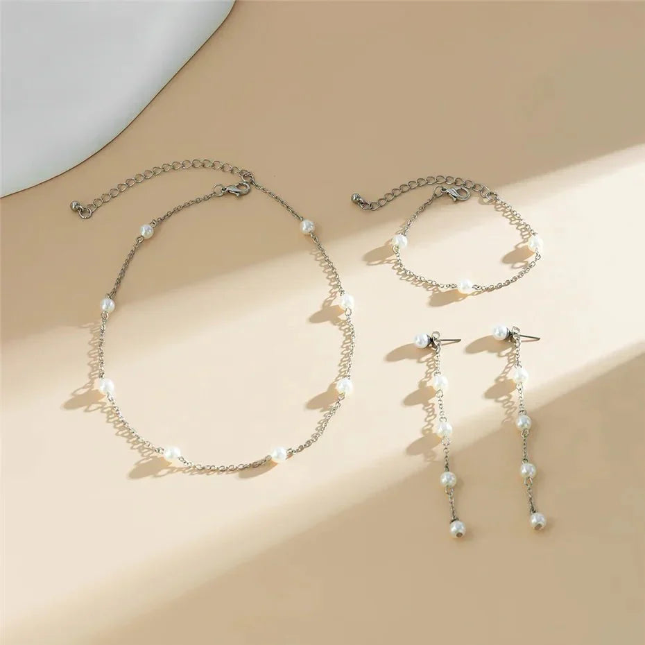 Maliben | Dainty Chain Pearl Bracelet, Necklace, And Earring Set