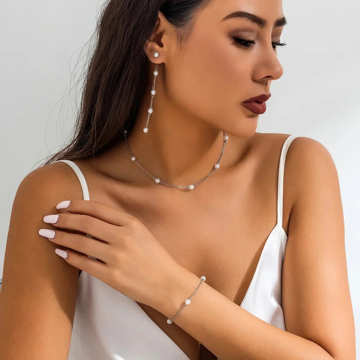 Maliben | Dainty Chain Pearl Bracelet, Necklace, And Earring Set