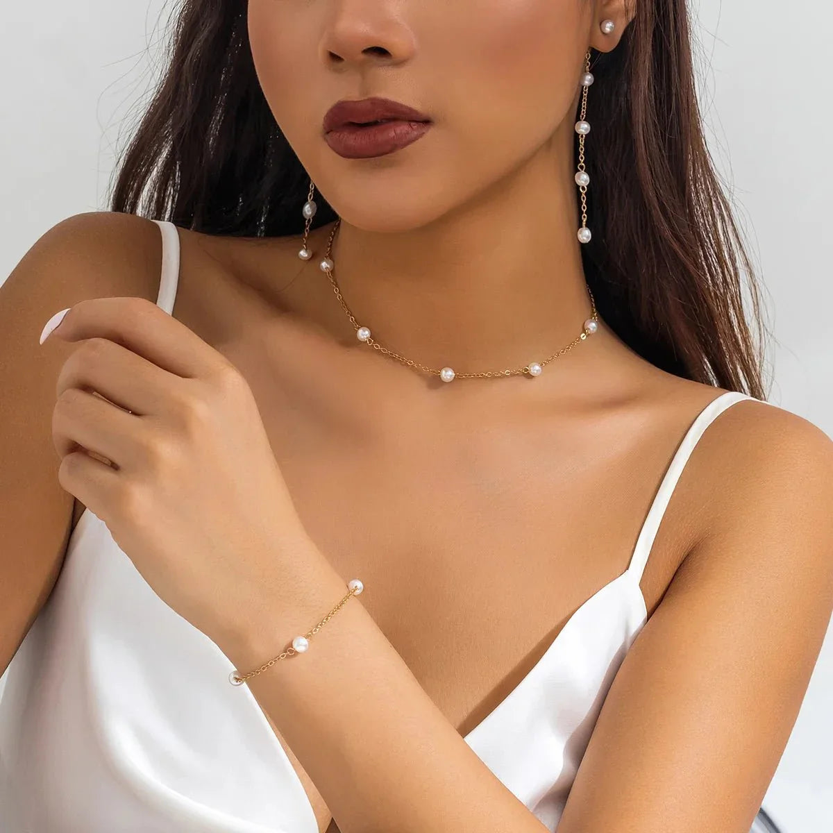 Maliben | Dainty Chain Pearl Bracelet, Necklace, And Earring Set