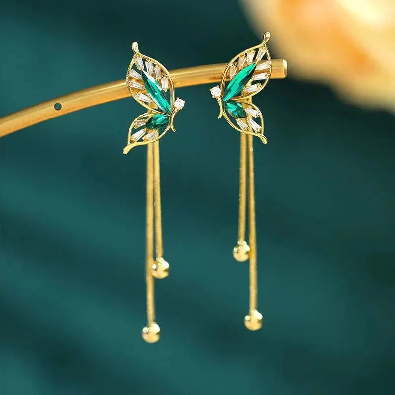 Maliben | Dainty Emerald Butterfly Dangle Earrings