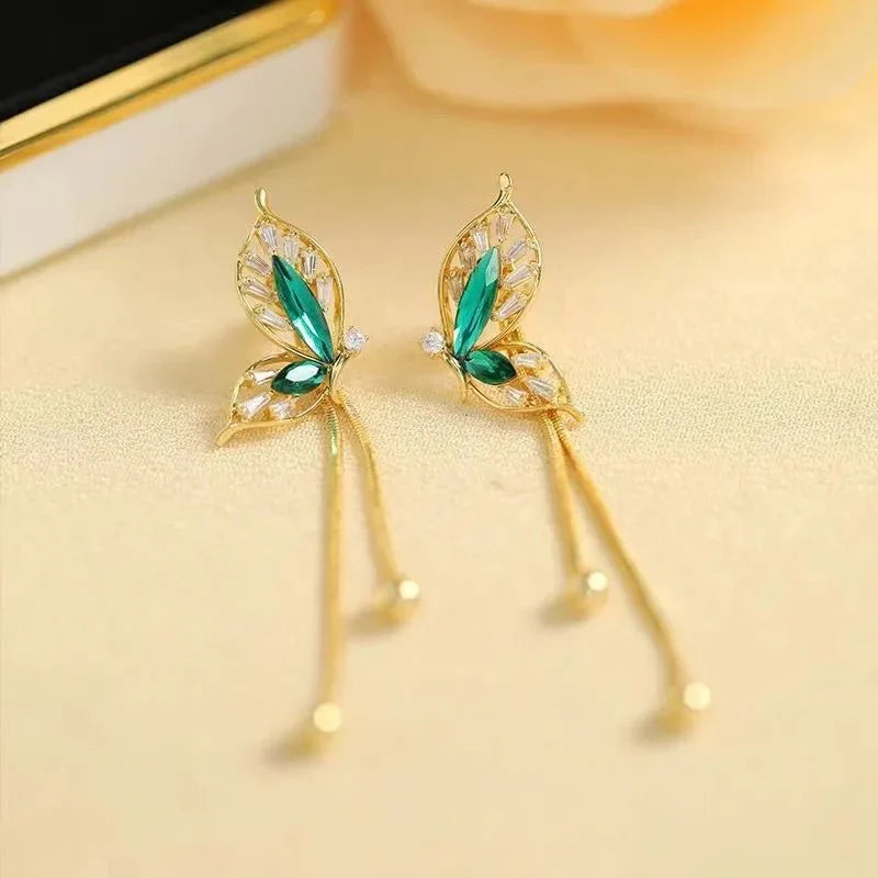 Maliben | Dainty Emerald Butterfly Dangle Earrings