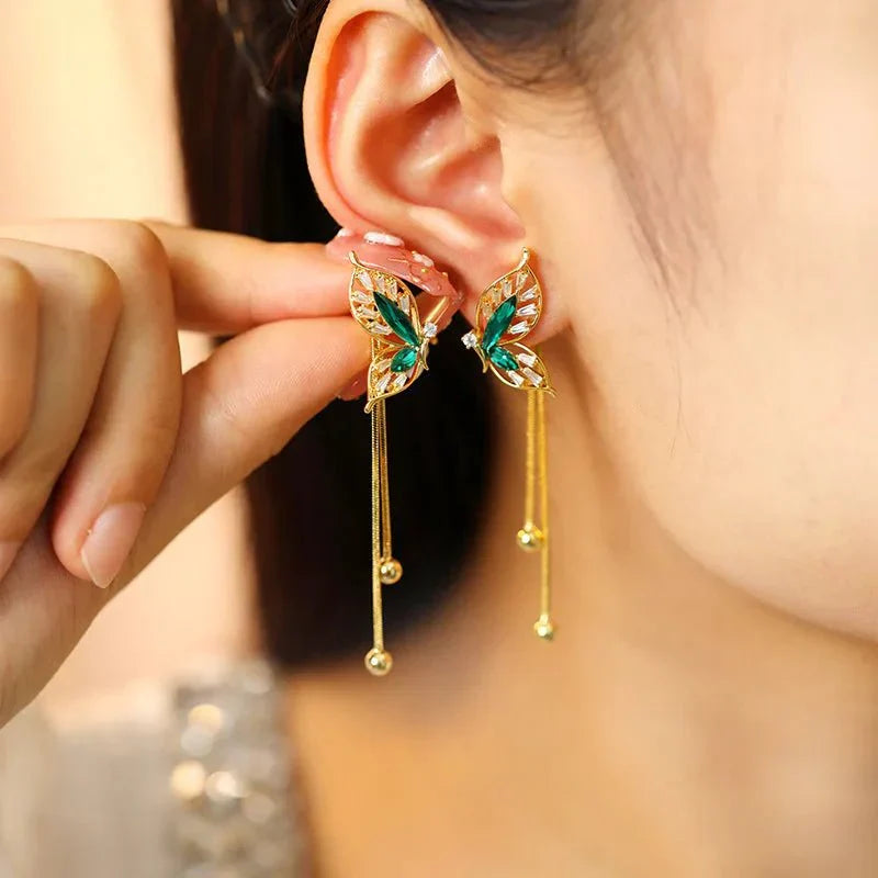 Maliben | Dainty Emerald Butterfly Dangle Earrings