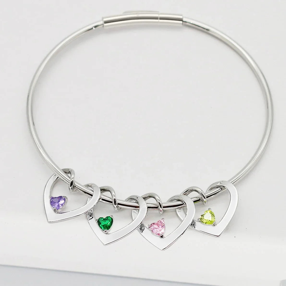 Maliben | Dainty Name & Birthstone Heart Charm Bangle Bracelet & Necklace