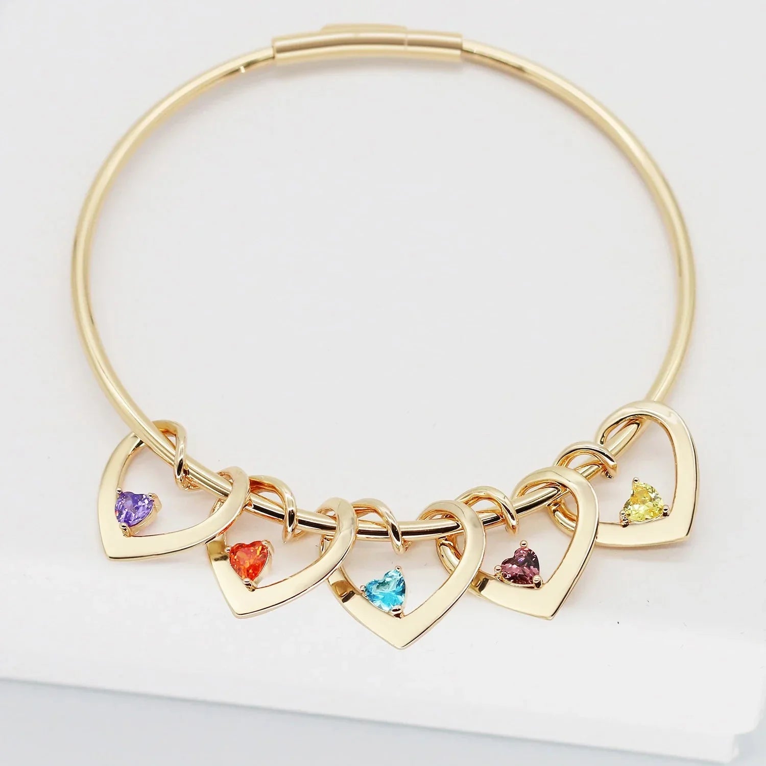 Maliben | Dainty Name & Birthstone Heart Charm Bangle Bracelet & Necklace