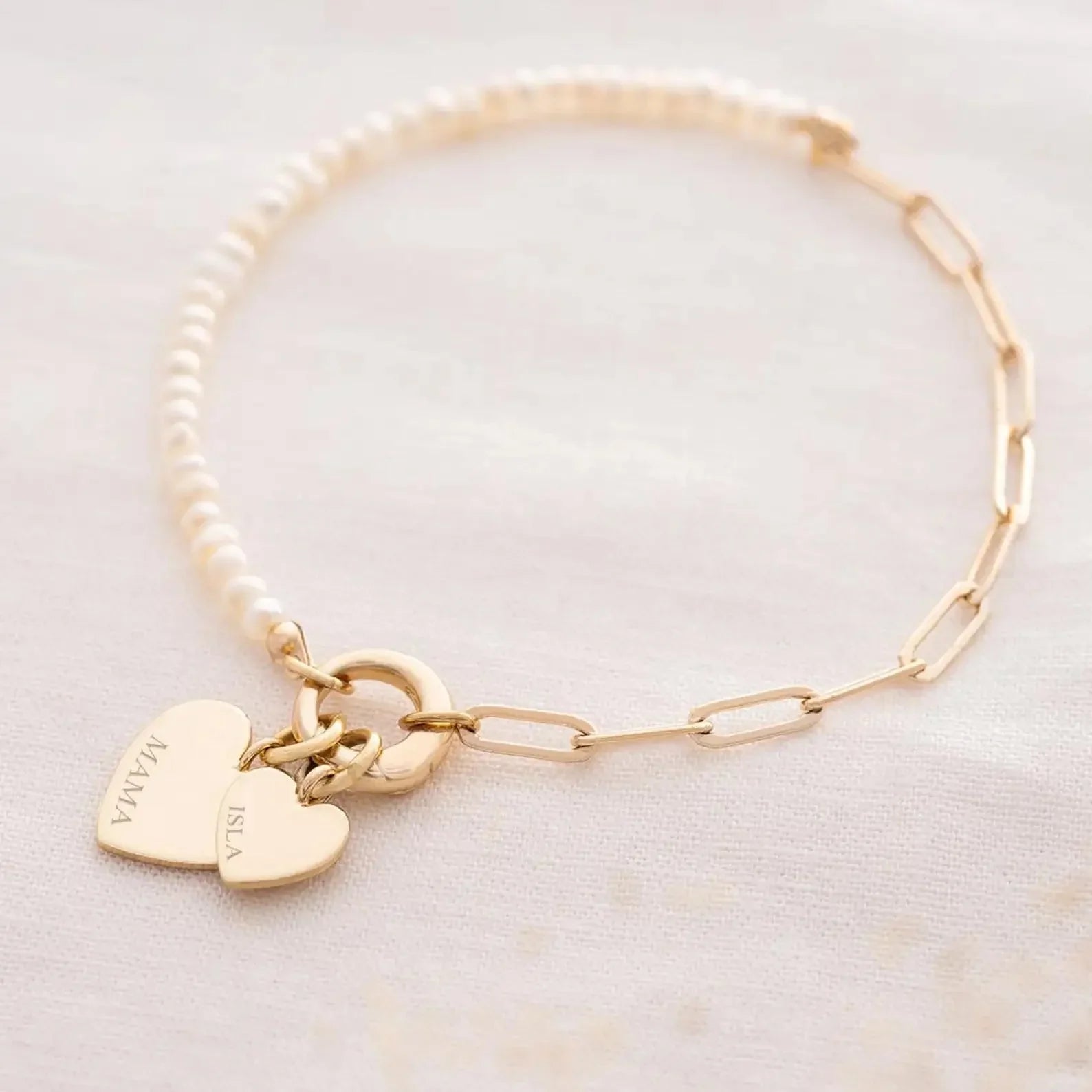 Maliben | Dainty Personalized Double Heart Pearl Paperclip Chain Bracelet