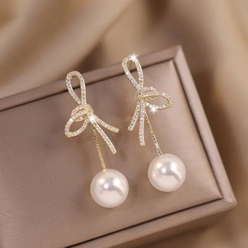 Maliben | Dazzling Bowknot Pearl Drop Earrings