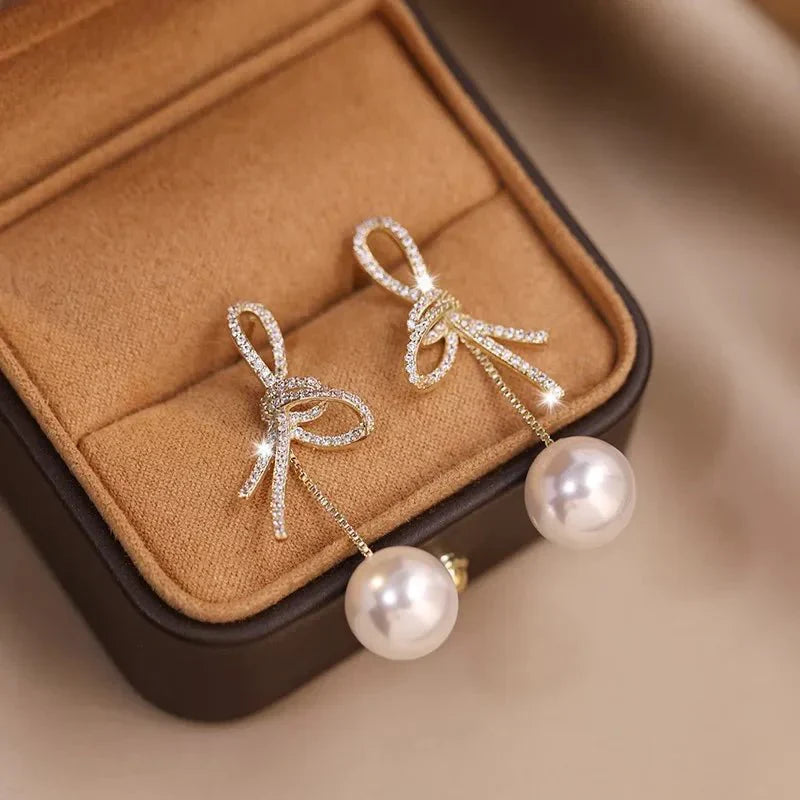 Maliben | Dazzling Bowknot Pearl Drop Earrings