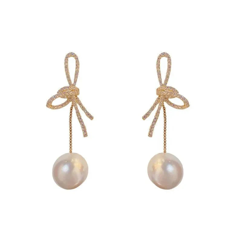 Maliben | Dazzling Bowknot Pearl Drop Earrings