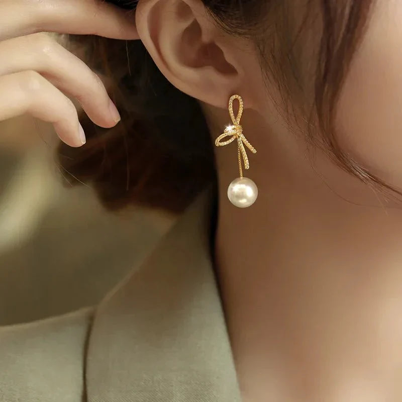 Maliben | Dazzling Bowknot Pearl Drop Earrings