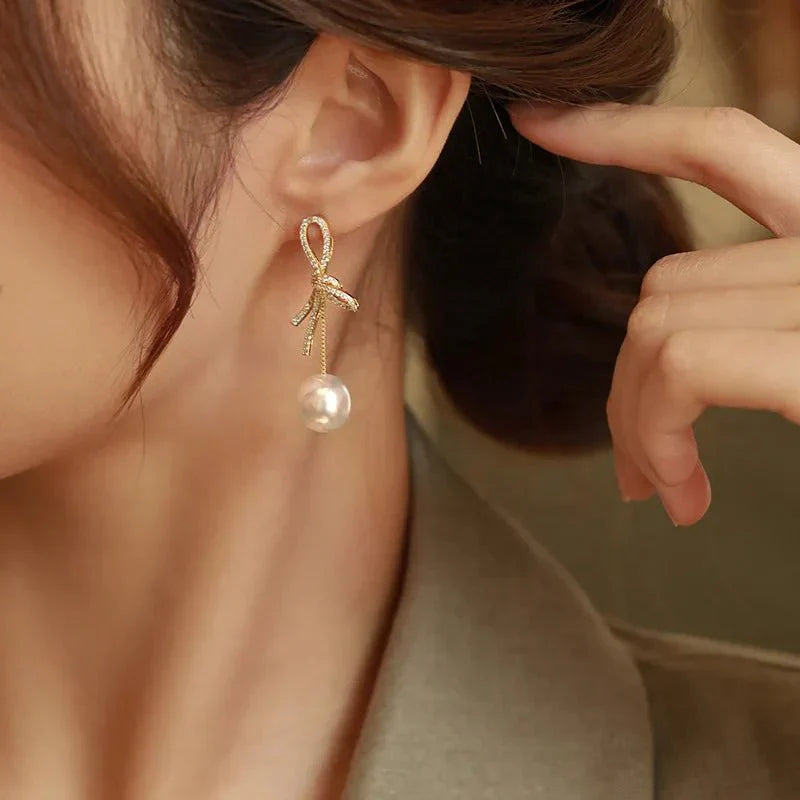 Maliben | Dazzling Bowknot Pearl Drop Earrings