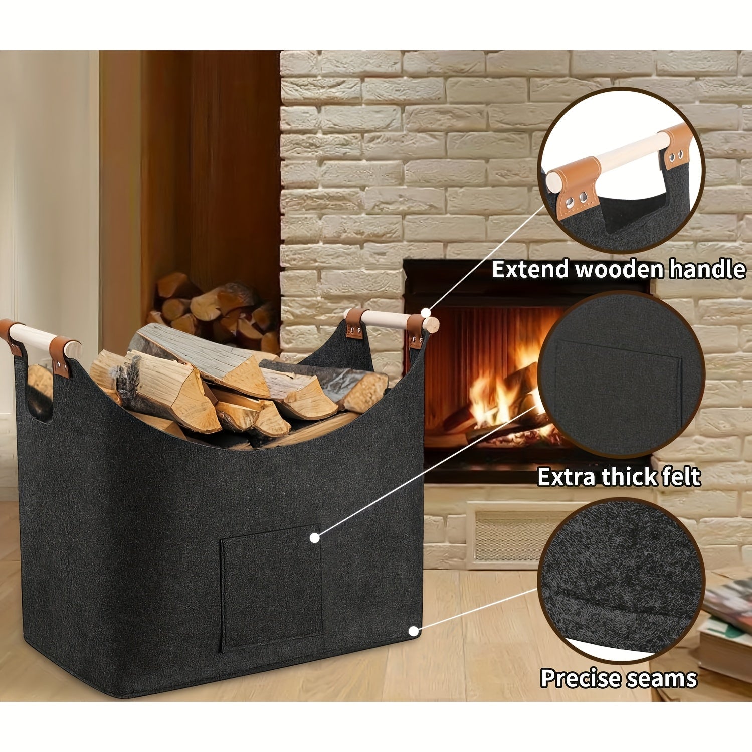 Maliben | Felt Log Basket Feldura | Collapsible | 55l Volume | With Wooden Handles & Leather Details | Dark Gray