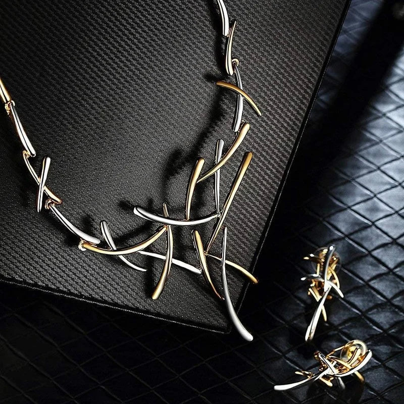 Maliben | Elegant Two-Tone Branch Cross Necklace And Earring Set