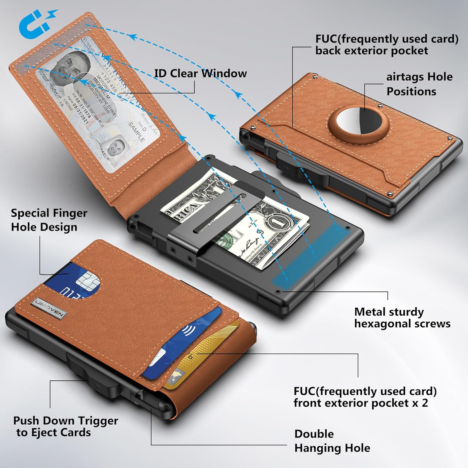 Maliben | ✨Airtag Wallet For Men - With Pop Up Aluminum Case Money Clip Slim Leather Slots Credit Card Holder Rfid Blocking Bifold Minimalist Wallet
