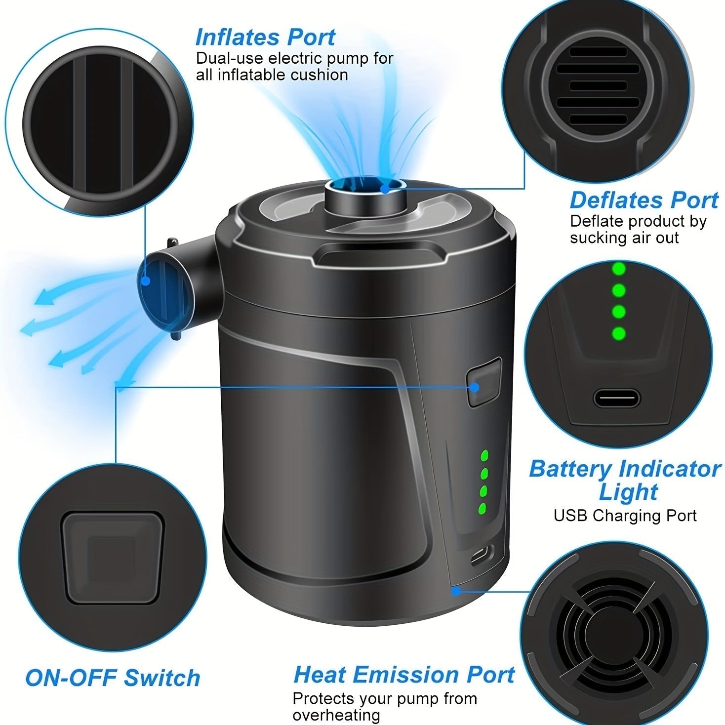 Maliben | Electric Air Pump Airtrek Mini | Usb Rechargeable & Cordless | Compact & Sturdy | For Air Mattresses & Outdoor