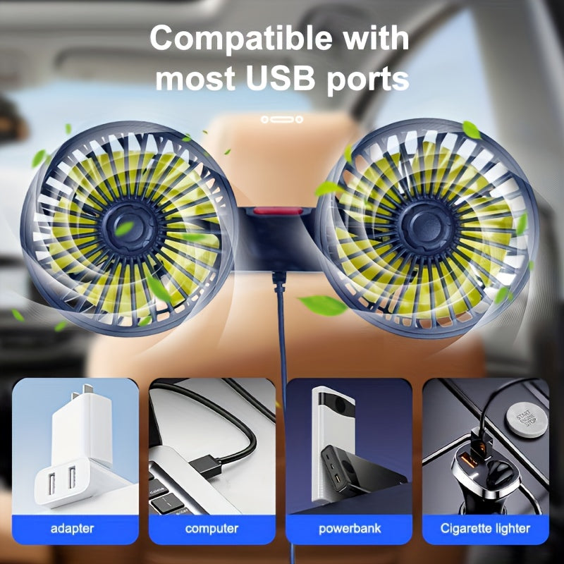 Maliben | Double Fan Airtrek Duo | 360° Rotatable | Ultra-Quiet & Compact | Usb Car Fan With 5 Blades