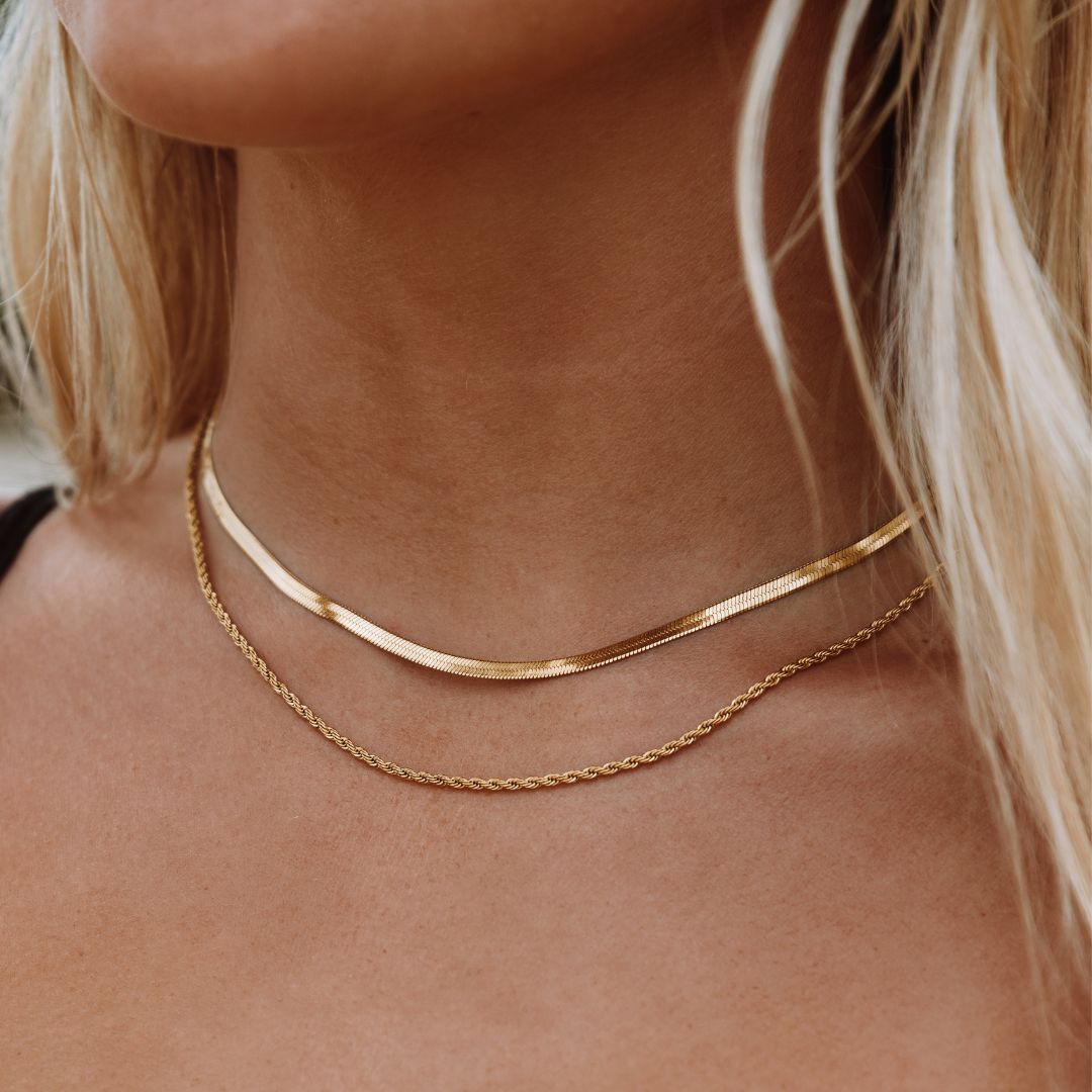 Maliben | Women’S Layered Necklace | Gold Herringbone Choker & Rope Chain | Waterproof