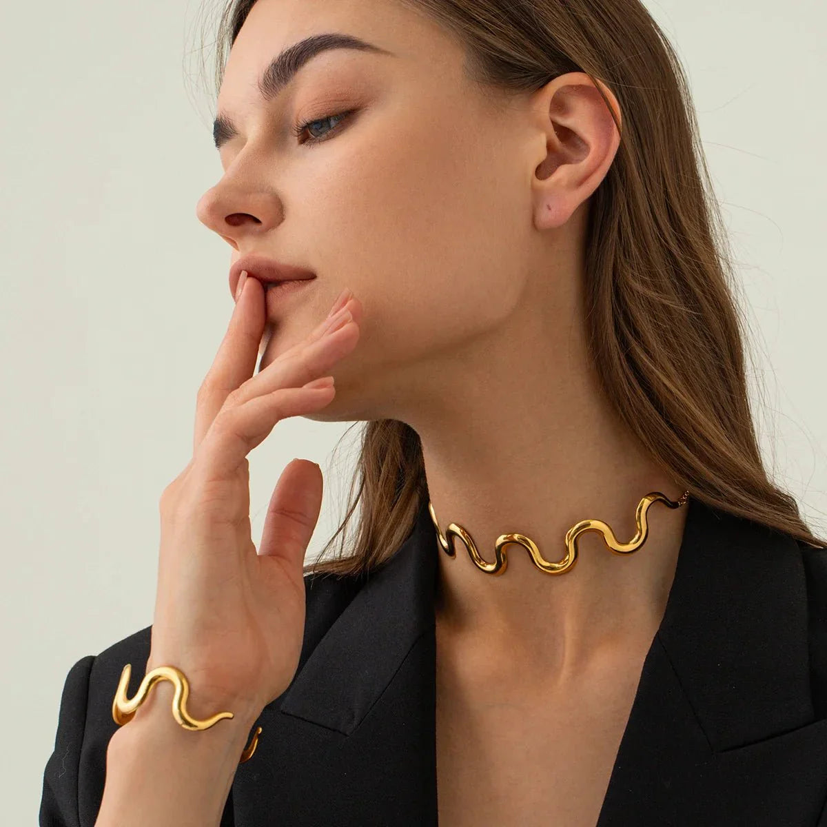 Maliben | Gold Wavy Statement Bracelet And Necklace
