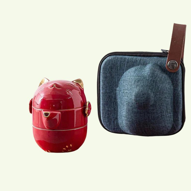 Maliben | Ceramic-Lucky-Cat-Kuai-Ke-Cup – Porcelain tea cup with strainer, filter and lid, portable tea/coffee cup set for office, travel, tea ware