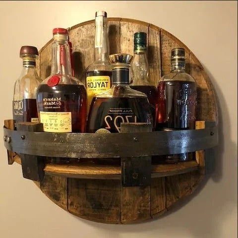 Maliben | Rustic Whiskey Barrel Shelf – Bourbon Bottle Wall Display Rack