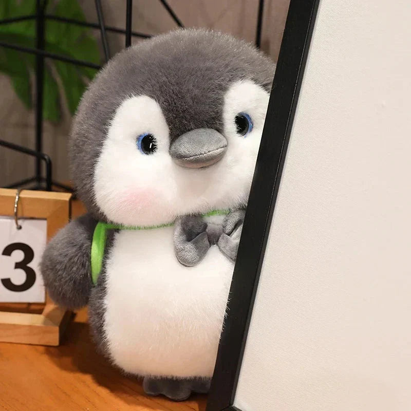 Maliben | Fluffy Gray Penguin Plushie With Turtle Backpack