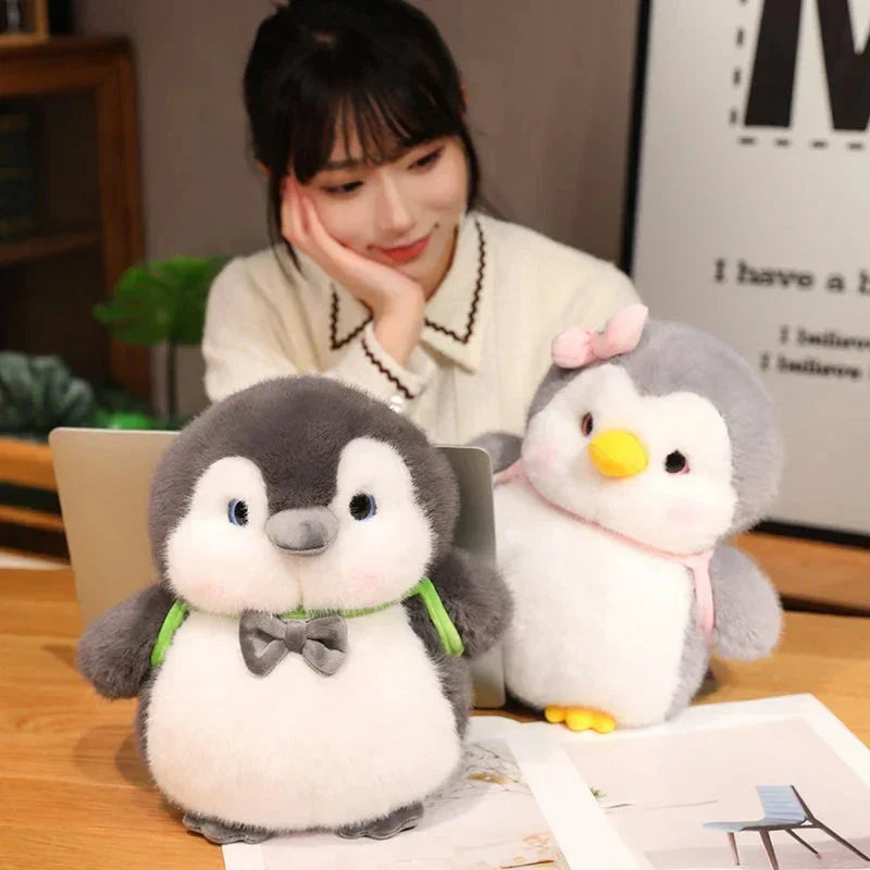 Maliben | Fluffy Gray Penguin Plushie With Turtle Backpack