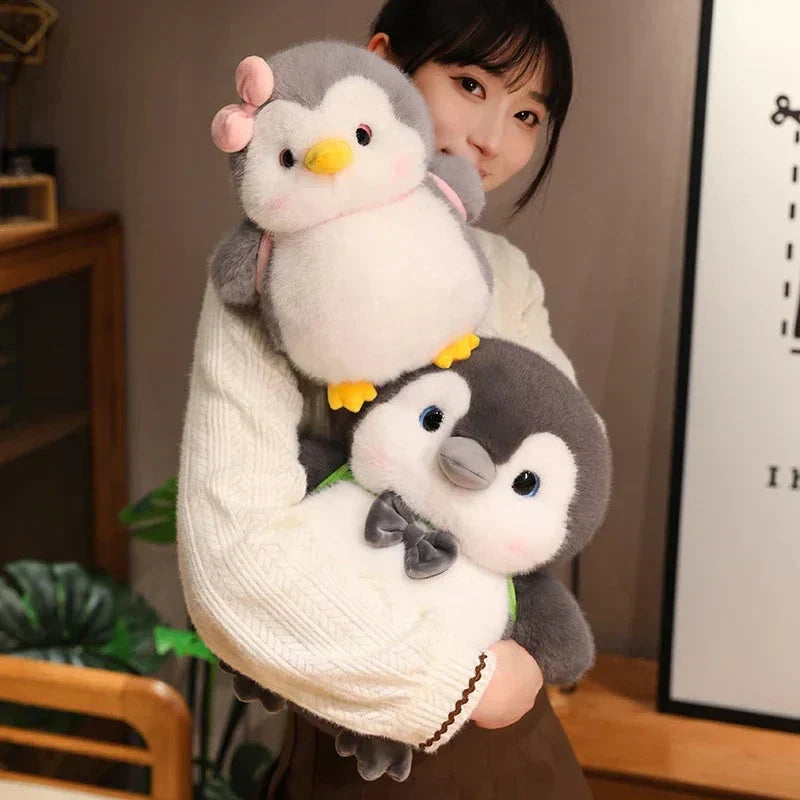 Maliben | Fluffy Gray Penguin Plushie With Turtle Backpack