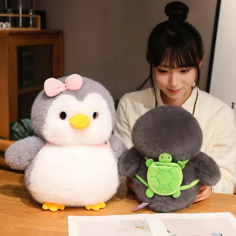 Maliben | Fluffy Gray Penguin Plushie With Turtle Backpack