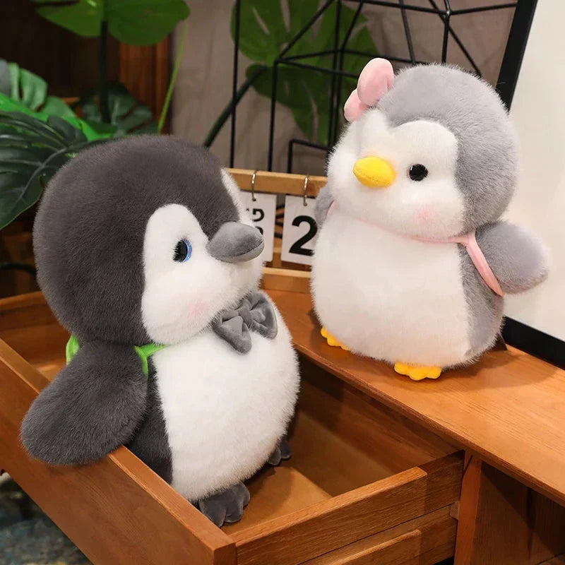 Maliben | Fluffy Gray Penguin Plushie With Turtle Backpack
