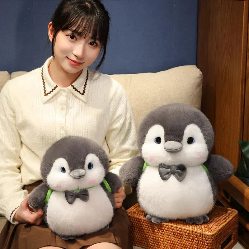 Maliben | Fluffy Gray Penguin Plushie With Turtle Backpack
