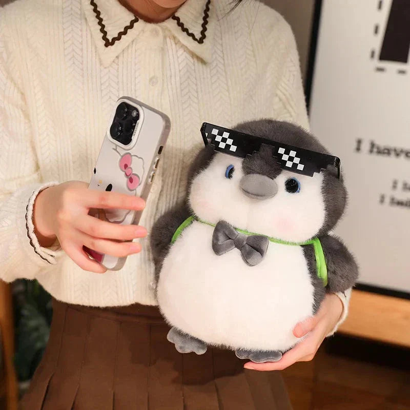 Maliben | Fluffy Gray Penguin Plushie With Turtle Backpack