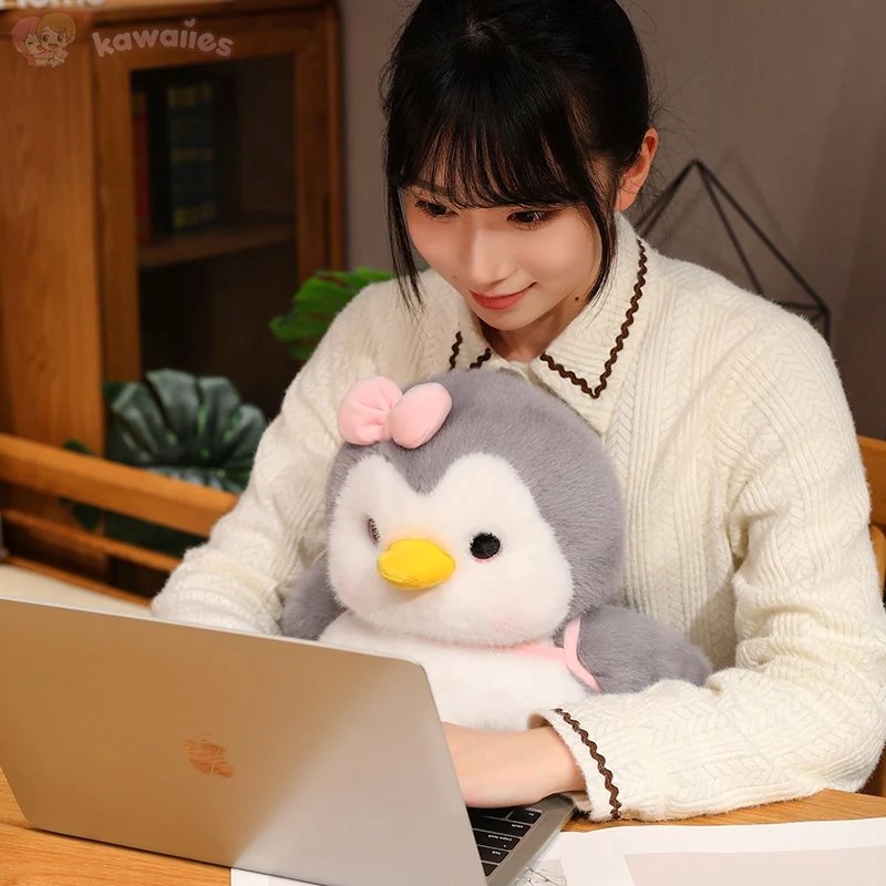 Maliben | Fluffy Gray Penguin Plushie With Turtle Backpack