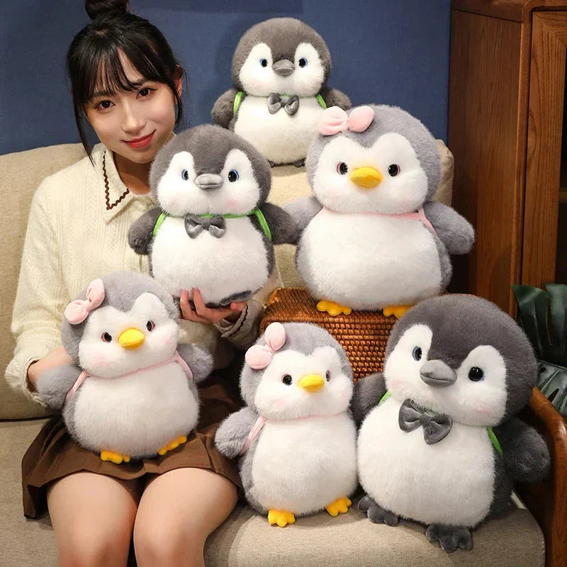 Maliben | Fluffy Gray Penguin Plushie With Turtle Backpack