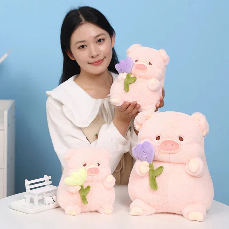 Maliben | Kawaii Chunky Pig Holding Flower Plushie