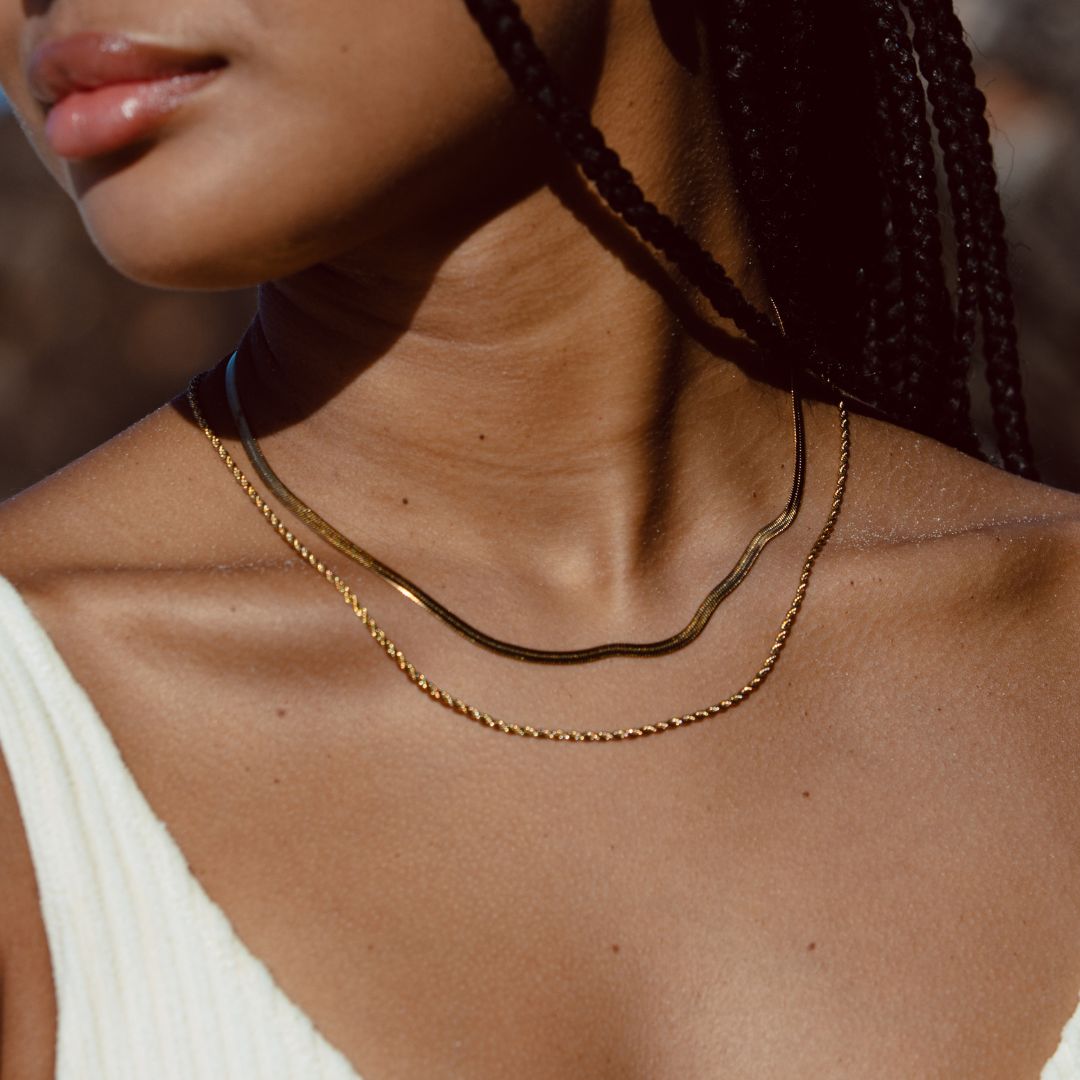 Maliben | Women’S Layered Necklace | Gold Herringbone Choker & Rope Chain | Waterproof