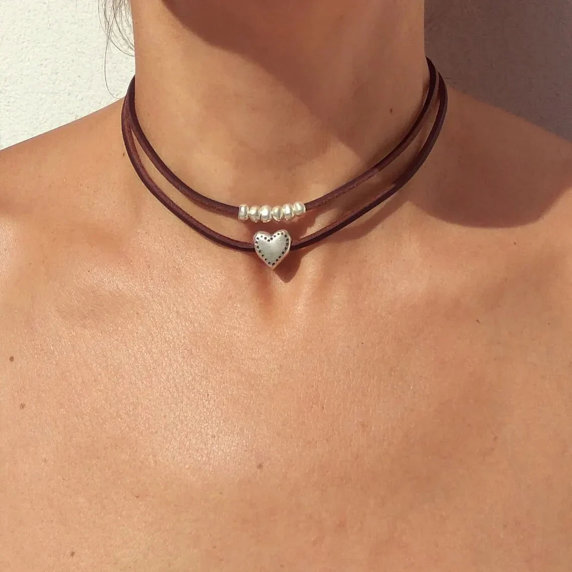Maliben | Layered Leather Heart Choker Necklace