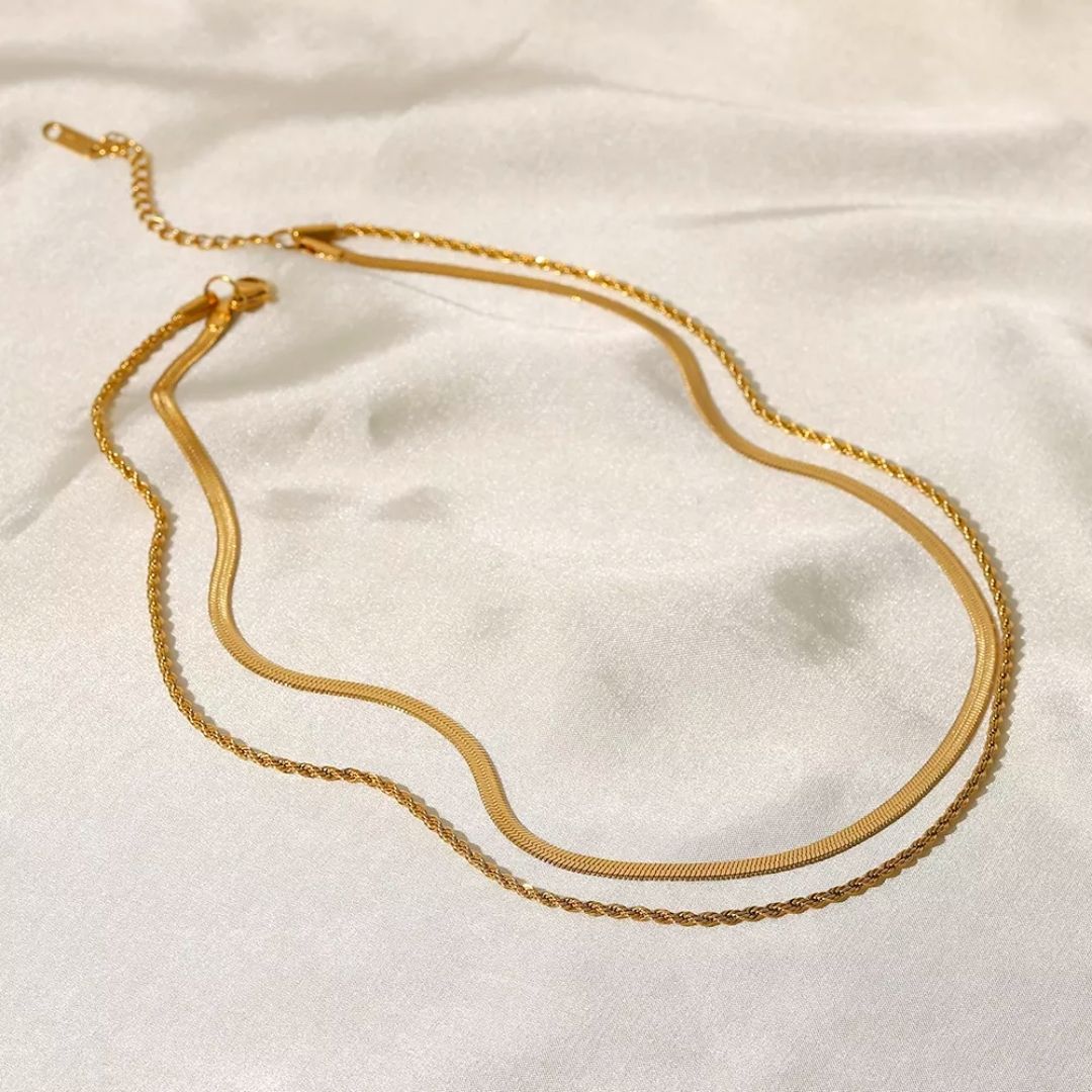 Maliben | Women’S Layered Necklace | Gold Herringbone Choker & Rope Chain | Waterproof