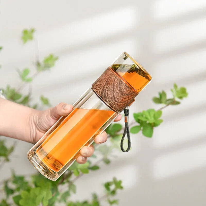 Maliben | Woodglass Thermo – Transparent Portable Insulated Bottle With Tea Filter For Healthy Drinks On-The-Go