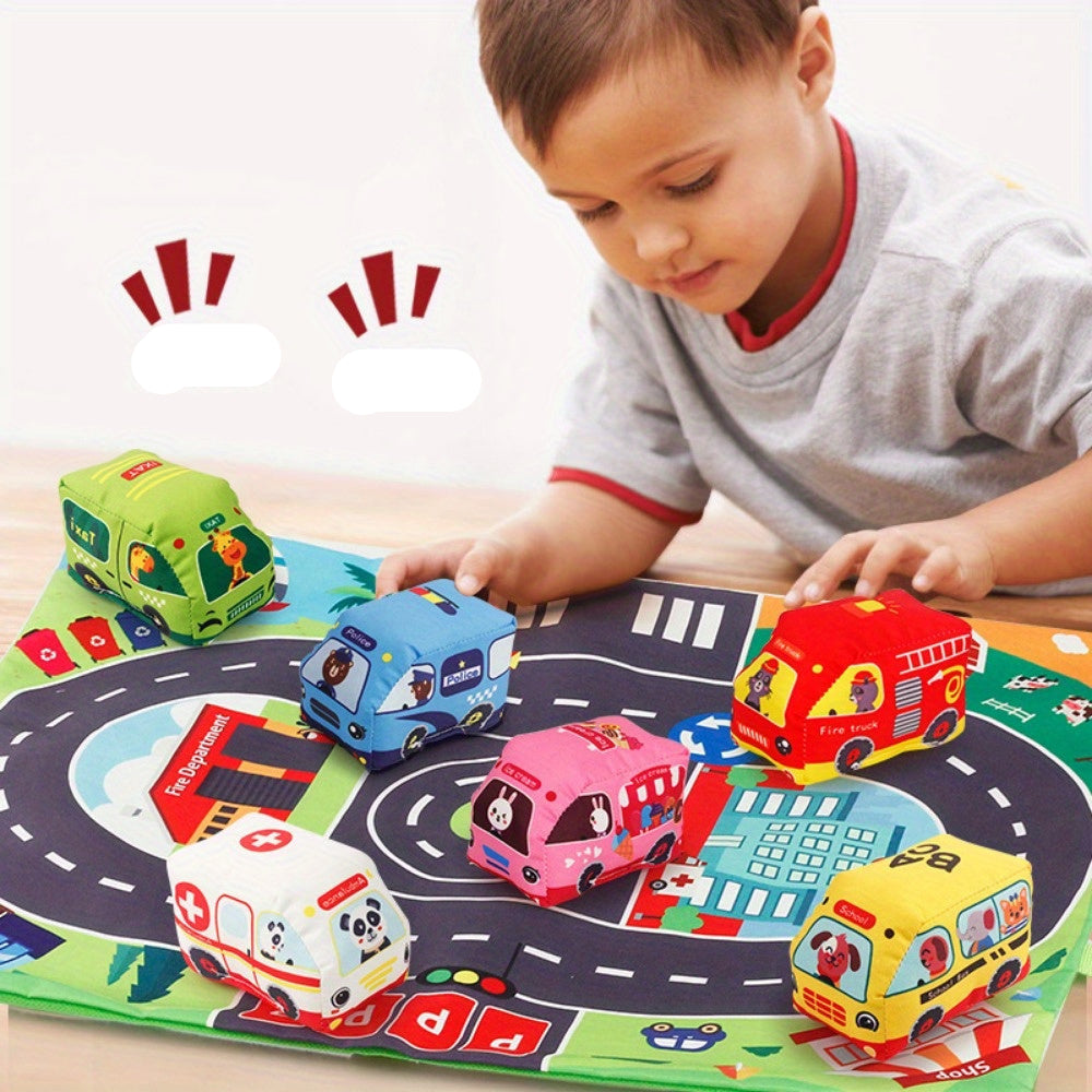 Maliben | 2in1 Sensory Plush Toy Cars With Road Mat And Bag For On The Go
