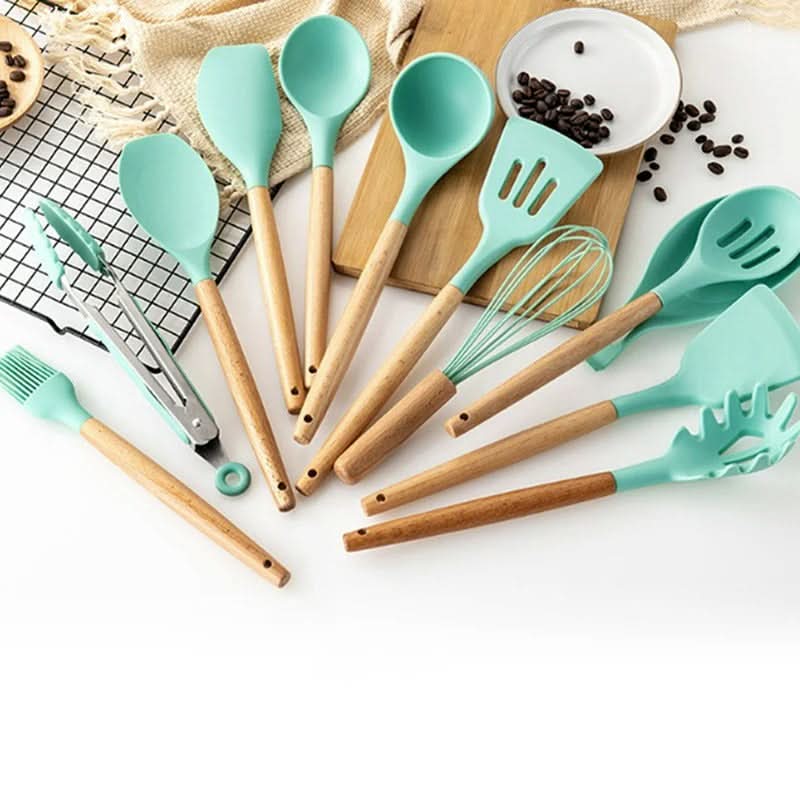 Maliben | Non-Toxic Bpa-Free Silicone Cooking Utensil Set With Wooden Handles Lattea