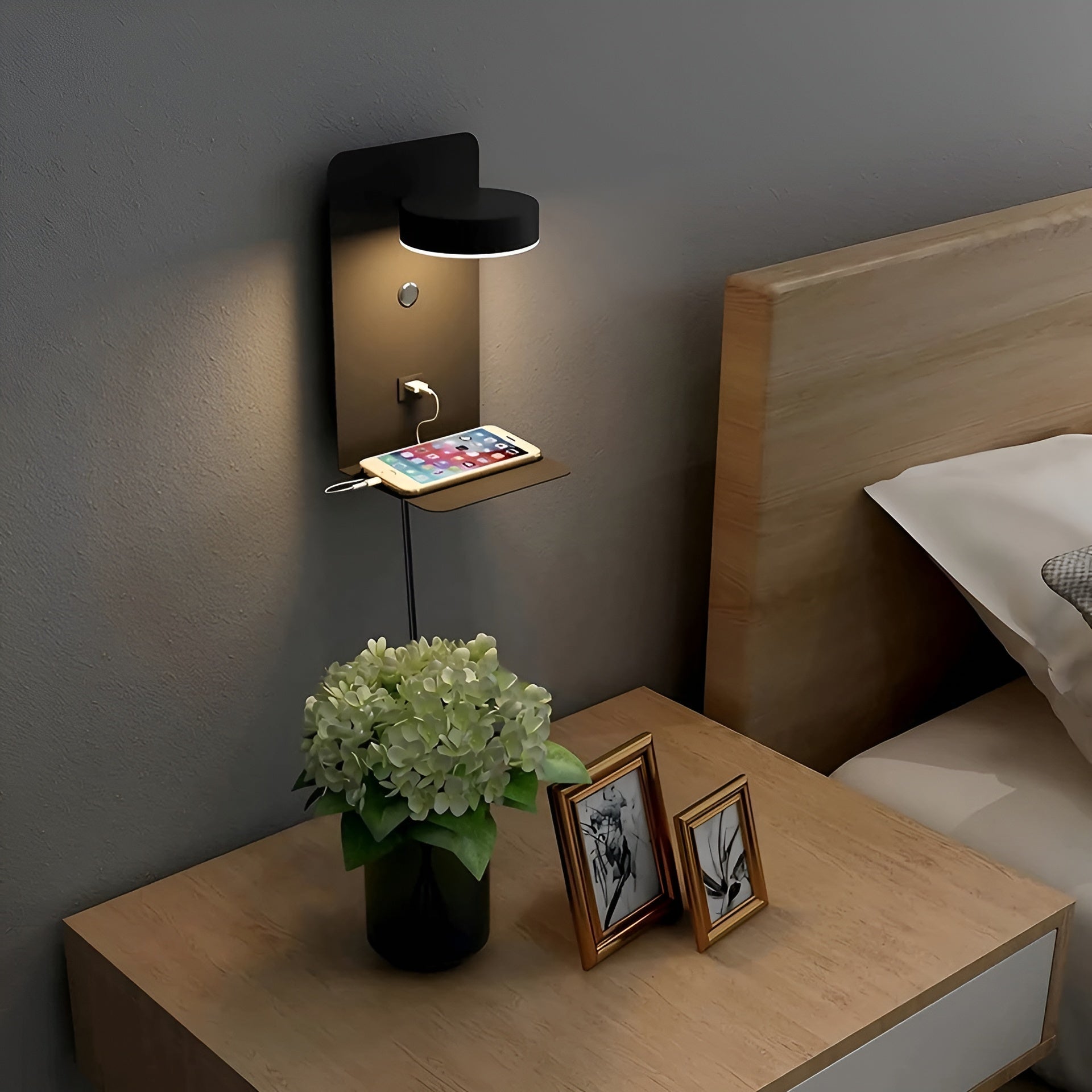 Maliben | Chargebright Luxe Led Wall Lamp With Usb Charging Port - Modern Black-White Design