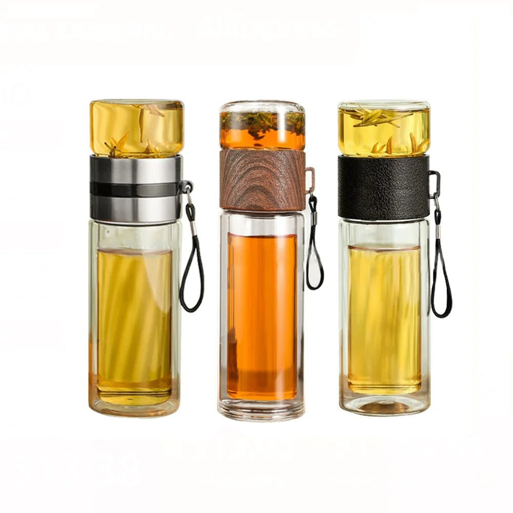 Maliben | Woodglass Thermo – Transparent Portable Insulated Bottle With Tea Filter For Healthy Drinks On-The-Go