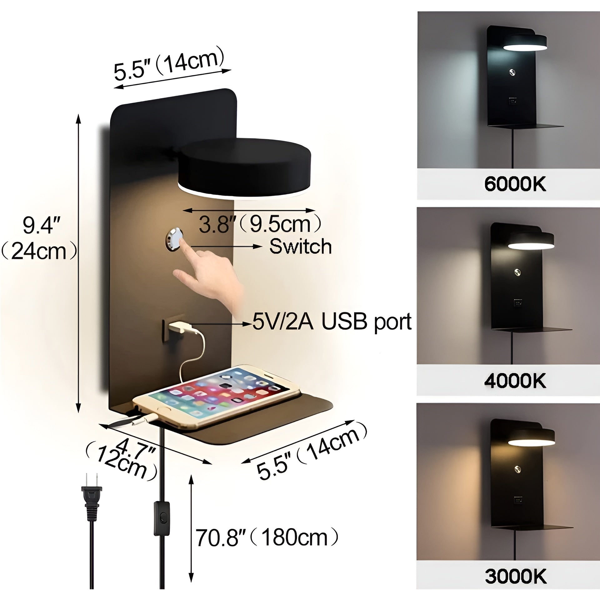 Maliben | Chargebright Luxe Led Wall Lamp With Usb Charging Port - Modern Black-White Design